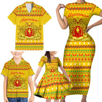 Myanmar Christmas Family Matching Short Sleeve Bodycon Dress and Hawaiian Shirt with Yellow-Red-Green Theme, National Emblem, and Star Motif - Wonder Print Shop