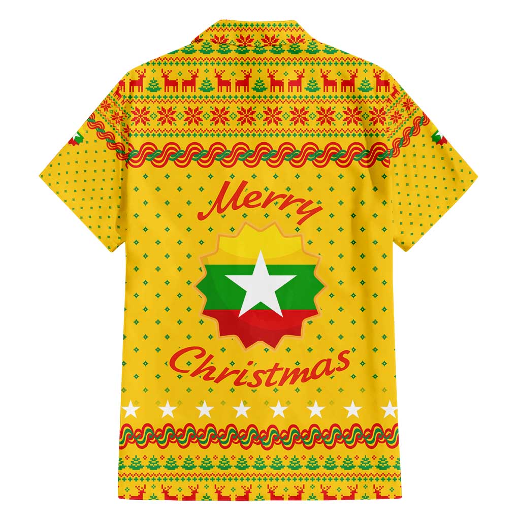 Myanmar Christmas Family Matching Short Sleeve Bodycon Dress and Hawaiian Shirt with Yellow-Red-Green Theme, National Emblem, and Star Motif - Wonder Print Shop