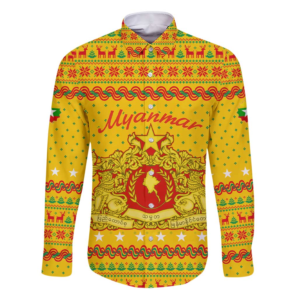 Myanmar Christmas Family Matching Short Sleeve Bodycon Dress and Hawaiian Shirt with Yellow-Red-Green Theme, National Emblem, and Star Motif - Wonder Print Shop