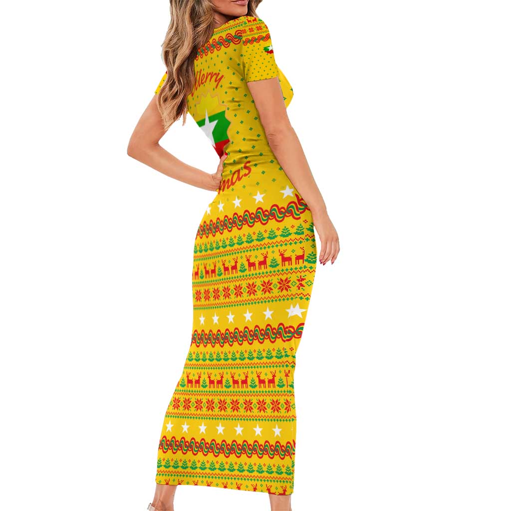 Myanmar Christmas Family Matching Short Sleeve Bodycon Dress and Hawaiian Shirt with Yellow-Red-Green Theme, National Emblem, and Star Motif - Wonder Print Shop