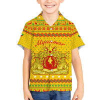 Myanmar Christmas Family Matching Short Sleeve Bodycon Dress and Hawaiian Shirt with Yellow-Red-Green Theme, National Emblem, and Star Motif - Wonder Print Shop