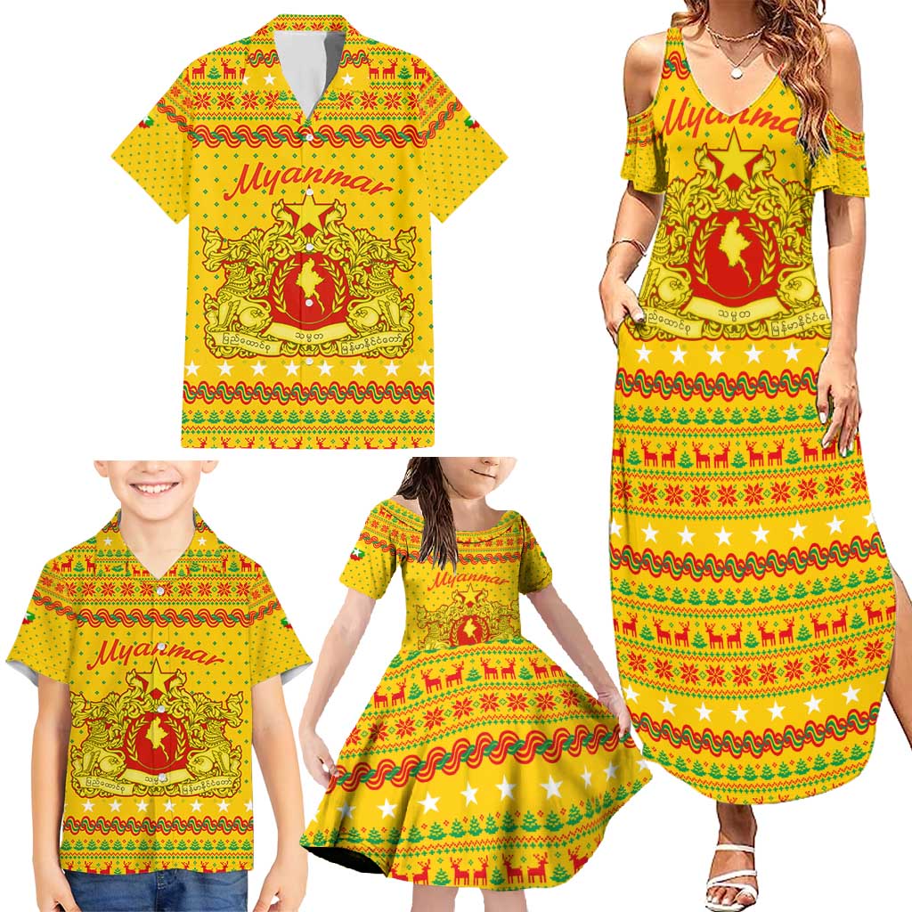 Myanmar Christmas Family Matching Summer Maxi Dress and Hawaiian Shirt with Yellow-Red-Green Theme, National Emblem, and Star Motif - Wonder Print Shop
