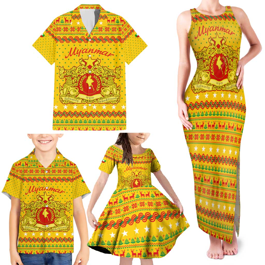 Myanmar Christmas Family Matching Tank Maxi Dress and Hawaiian Shirt with Yellow-Red-Green Theme, National Emblem, and Star Motif - Wonder Print Shop