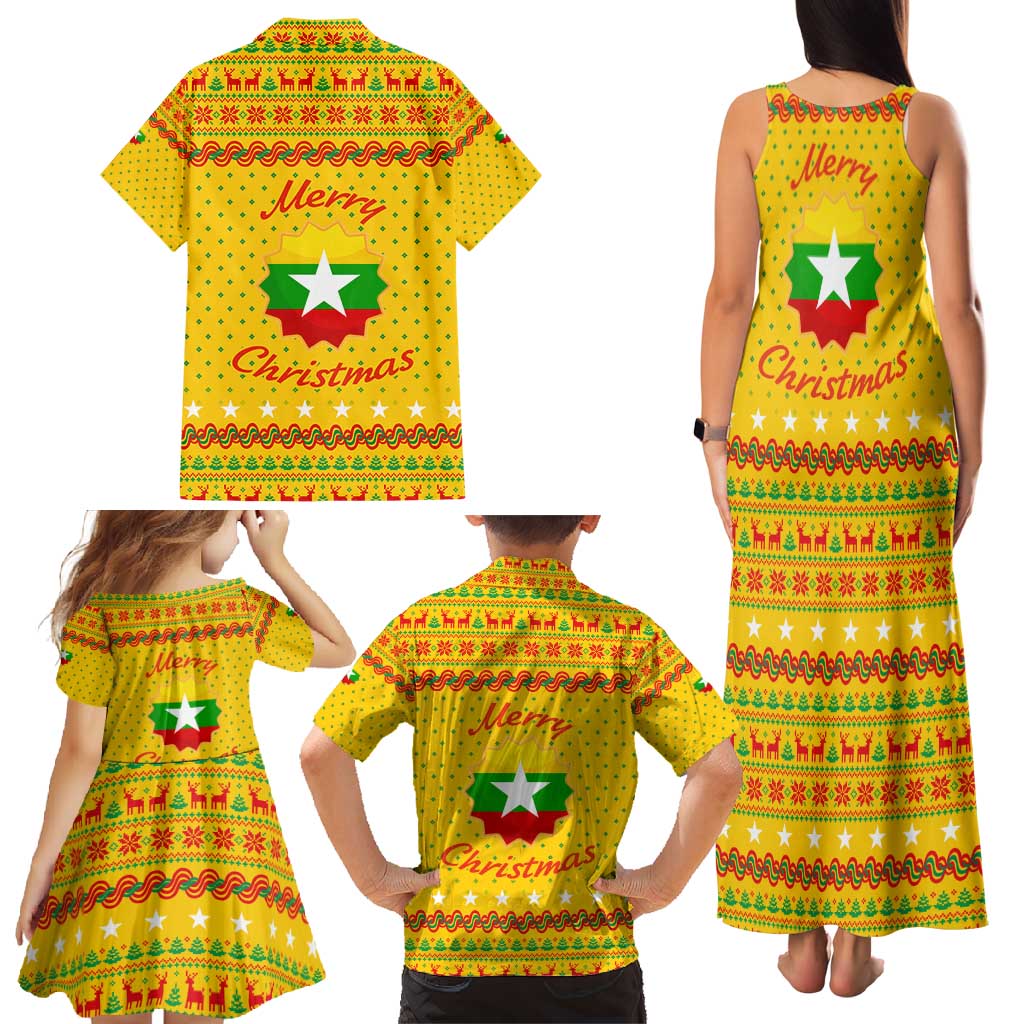 Myanmar Christmas Family Matching Tank Maxi Dress and Hawaiian Shirt with Yellow-Red-Green Theme, National Emblem, and Star Motif - Wonder Print Shop