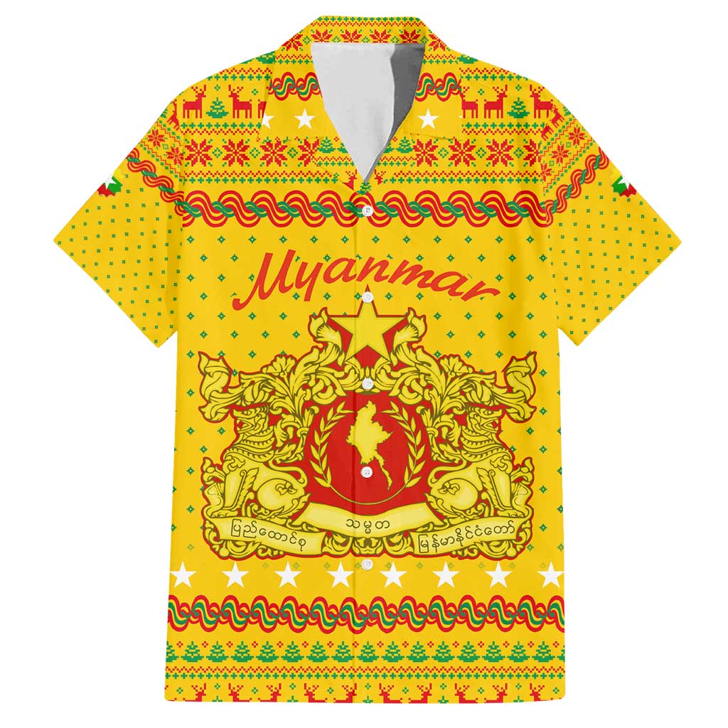 Myanmar Christmas Family Matching Tank Maxi Dress and Hawaiian Shirt with Yellow-Red-Green Theme, National Emblem, and Star Motif - Wonder Print Shop