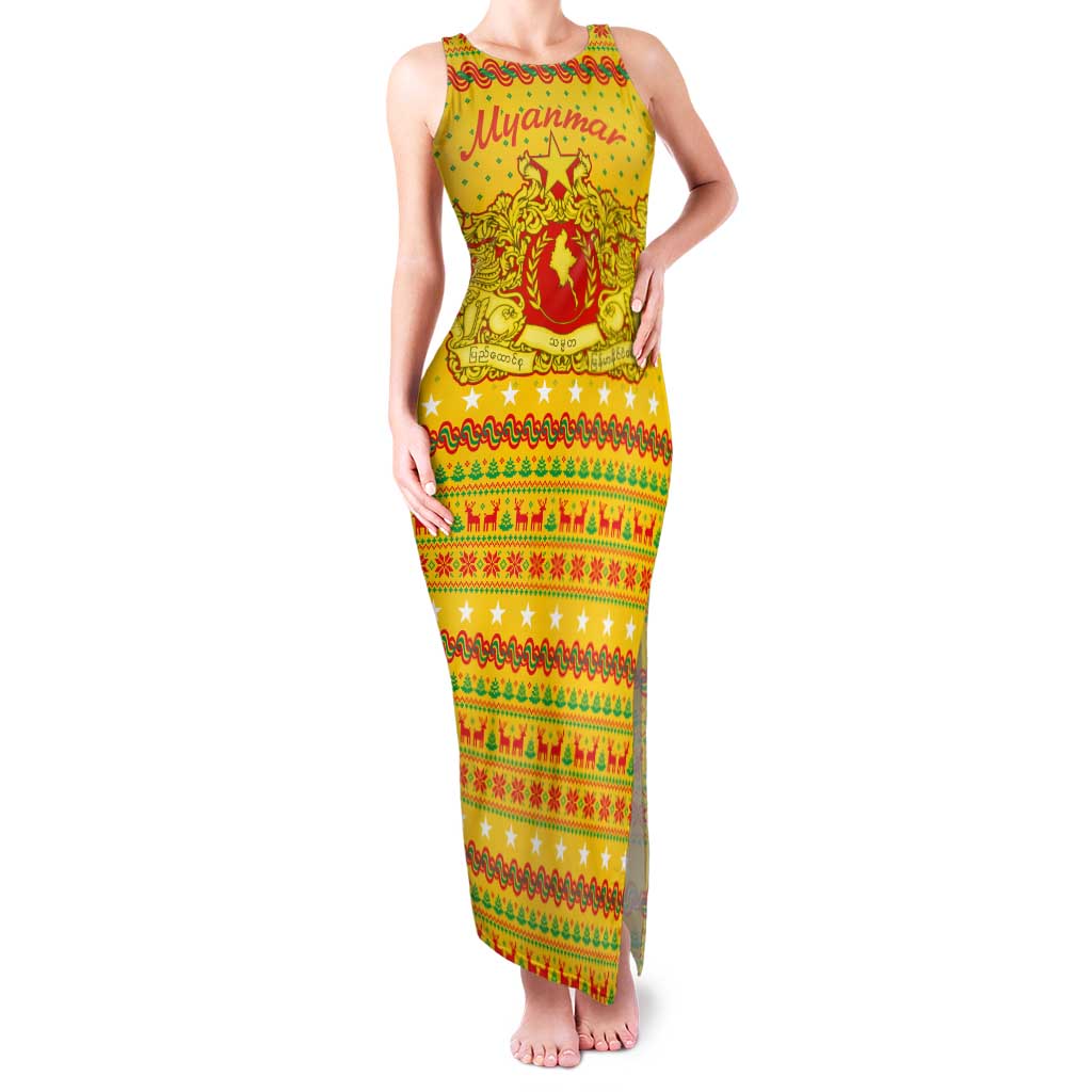Myanmar Christmas Family Matching Tank Maxi Dress and Hawaiian Shirt with Yellow-Red-Green Theme, National Emblem, and Star Motif - Wonder Print Shop