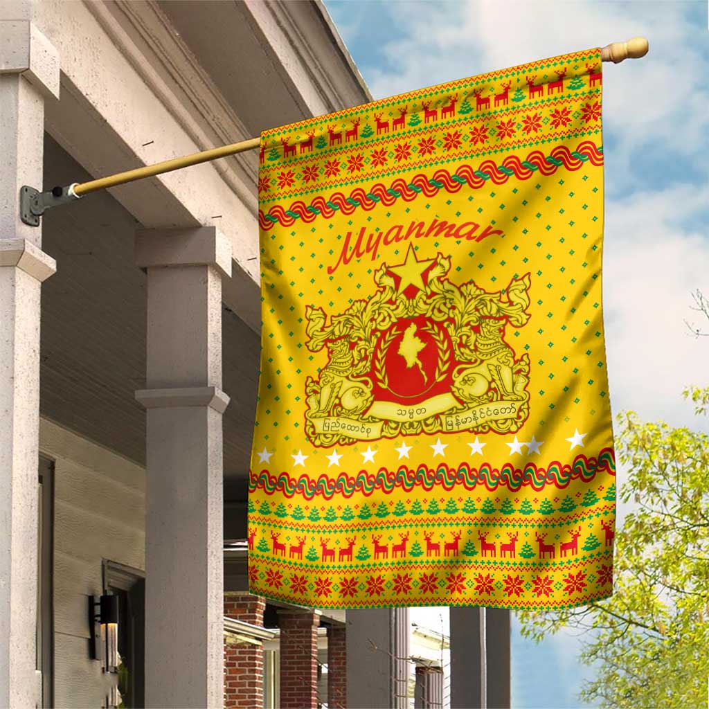 Myanmar Christmas Garden Flag with Yellow-Red-Green Theme, National Emblem, and Star Motif - Wonder Print Shop