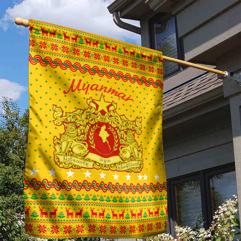 Myanmar Christmas Garden Flag with Yellow-Red-Green Theme, National Emblem, and Star Motif - Wonder Print Shop