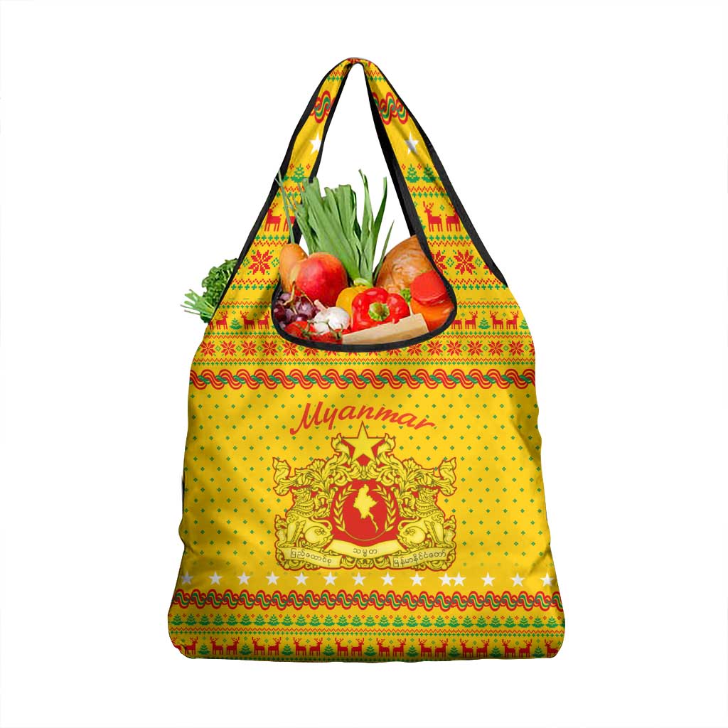 Myanmar Christmas Grocery Bag with Yellow-Red-Green Theme, National Emblem, and Star Motif - Wonder Print Shop