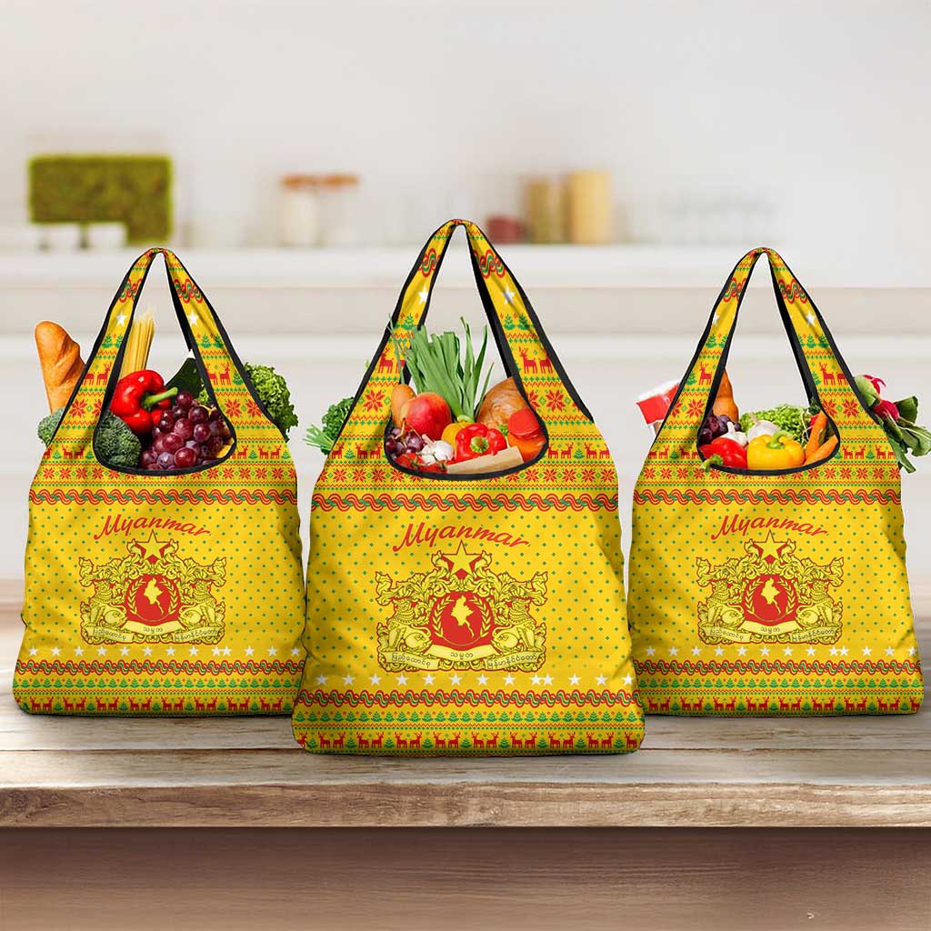 Myanmar Christmas Grocery Bag with Yellow-Red-Green Theme, National Emblem, and Star Motif - Wonder Print Shop