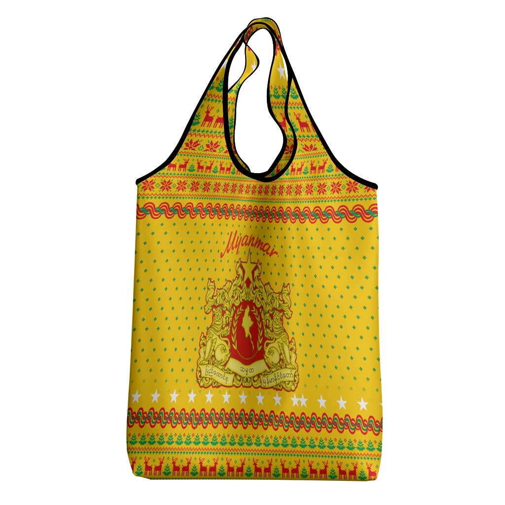 Myanmar Christmas Grocery Bag with Yellow-Red-Green Theme, National Emblem, and Star Motif - Wonder Print Shop