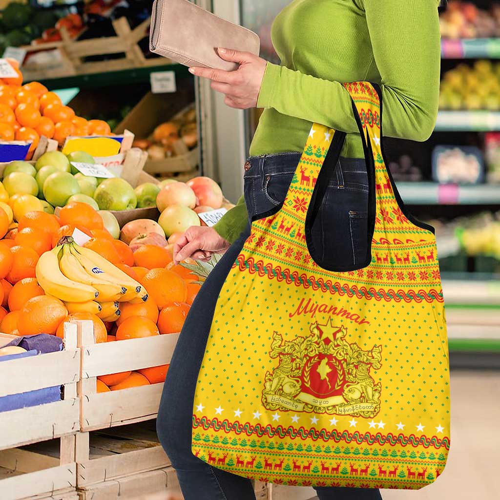 Myanmar Christmas Grocery Bag with Yellow-Red-Green Theme, National Emblem, and Star Motif - Wonder Print Shop