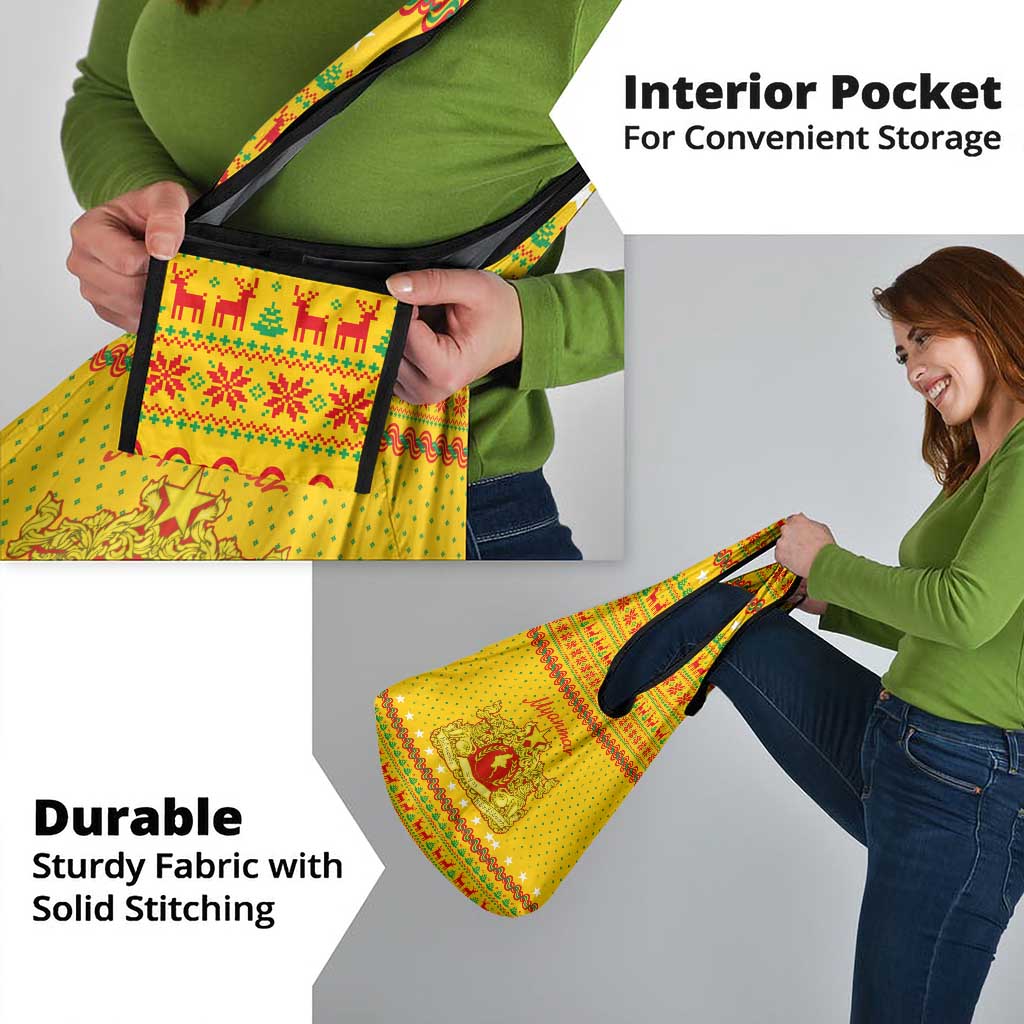 Myanmar Christmas Grocery Bag with Yellow-Red-Green Theme, National Emblem, and Star Motif - Wonder Print Shop