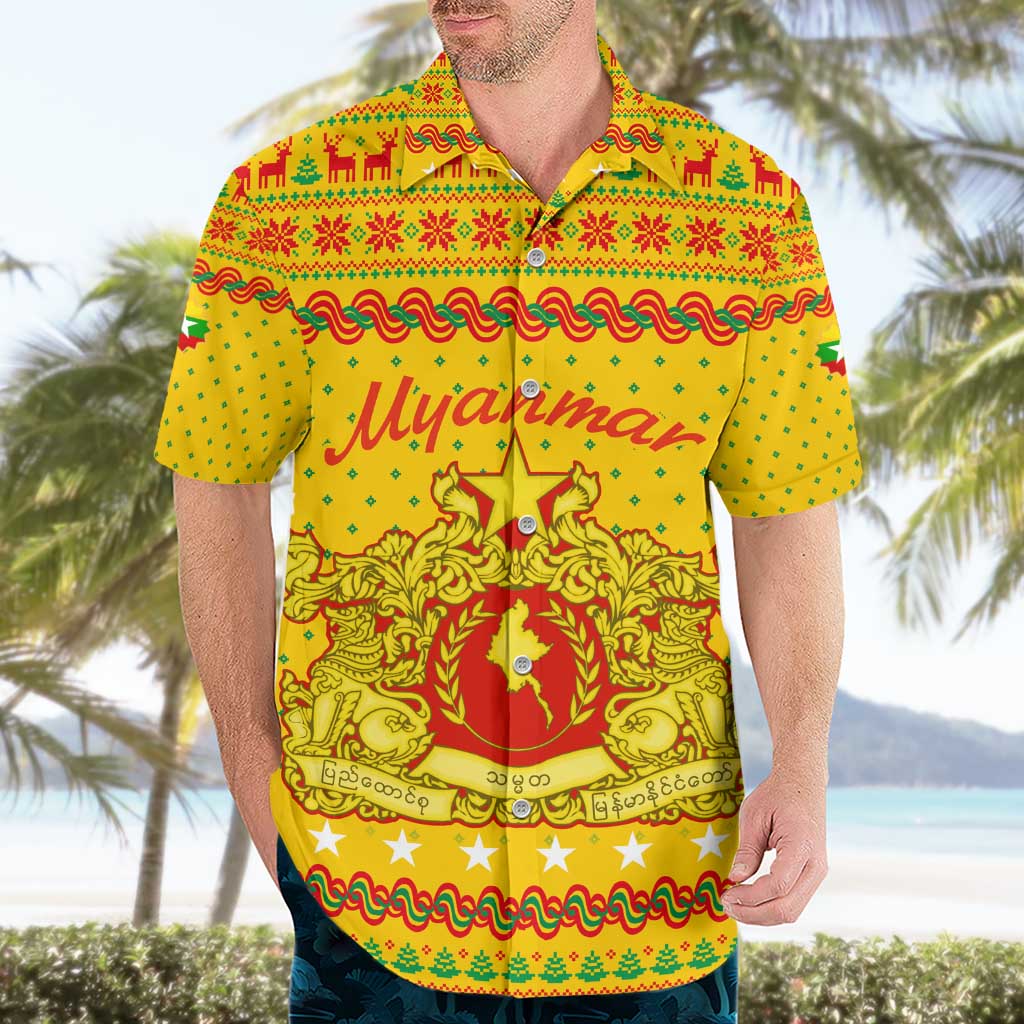 Myanmar Christmas Hawaiian Shirt with Yellow-Red-Green Theme, National Emblem, and Star Motif - Wonder Print Shop