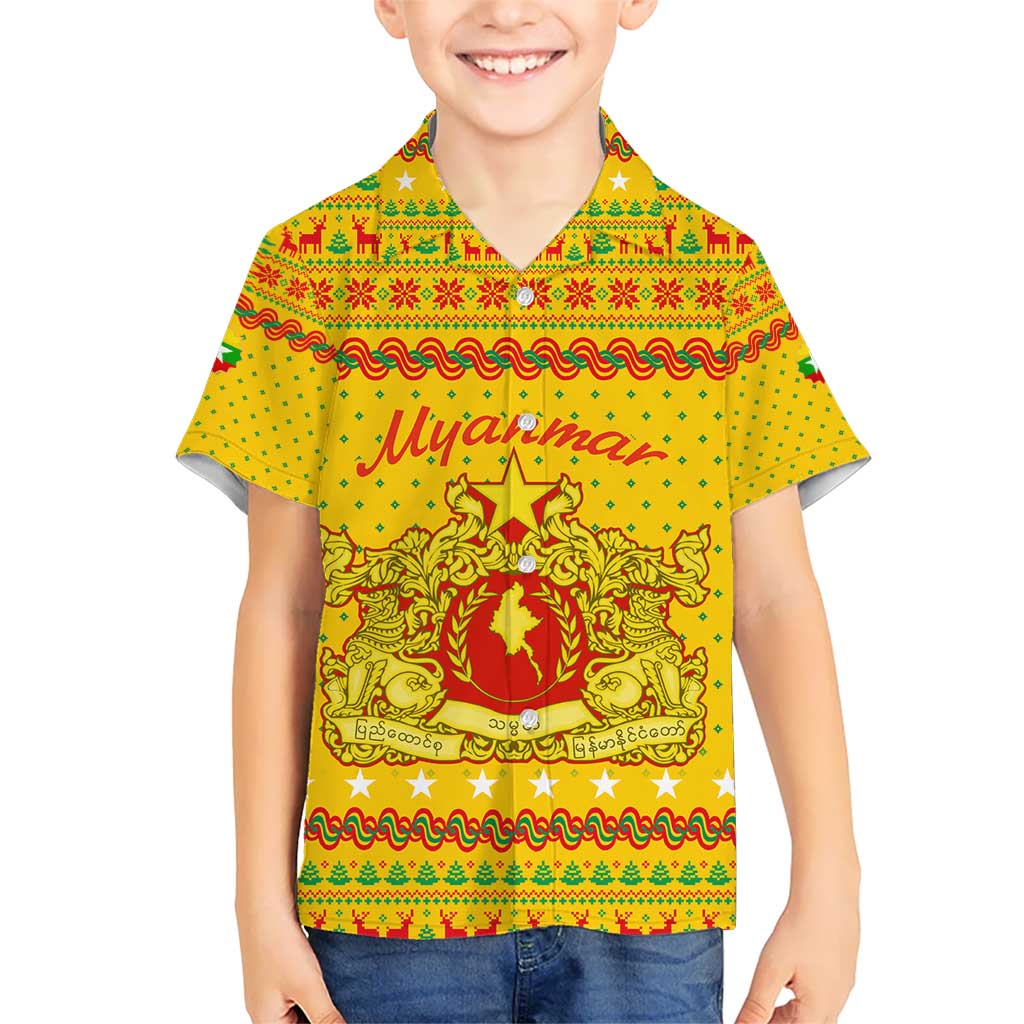 Myanmar Christmas Hawaiian Shirt with Yellow-Red-Green Theme, National Emblem, and Star Motif - Wonder Print Shop