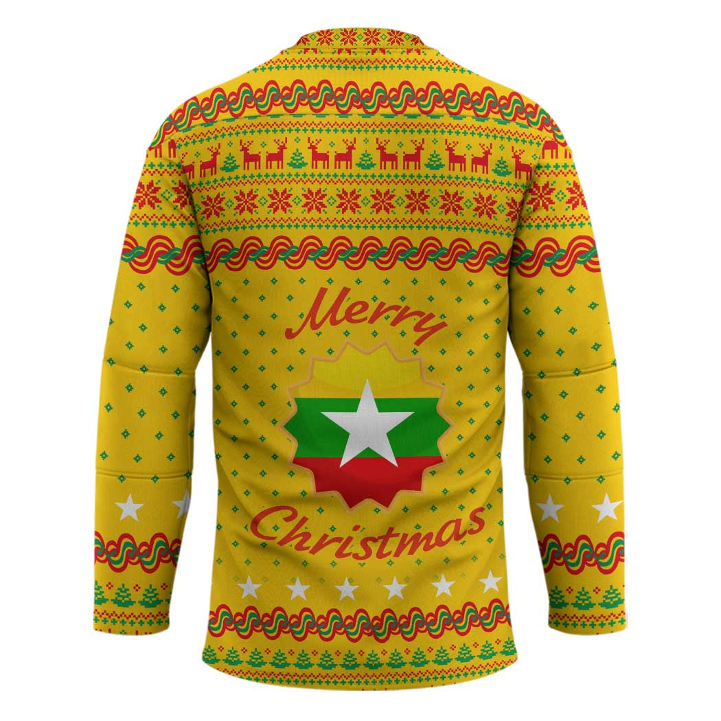 Myanmar Christmas Hockey Jersey with Yellow-Red-Green Theme, National Emblem, and Star Motif - Wonder Print Shop