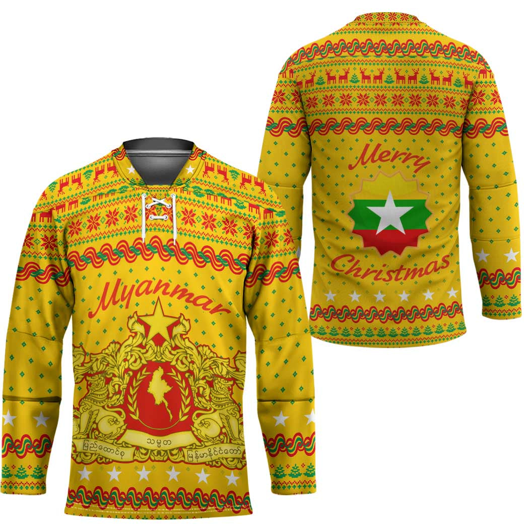 Myanmar Christmas Hockey Jersey with Yellow-Red-Green Theme, National Emblem, and Star Motif - Wonder Print Shop