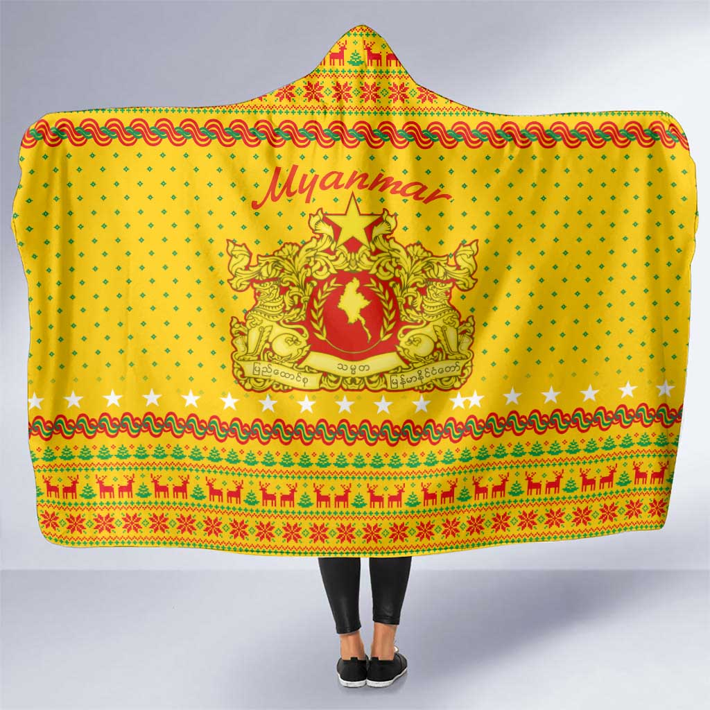 Myanmar Christmas Hooded Blanket with Yellow-Red-Green Theme, National Emblem, and Star Motif - Wonder Print Shop