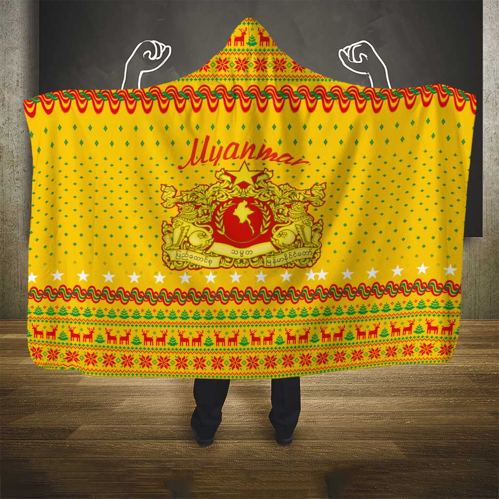 Myanmar Christmas Hooded Blanket with Yellow-Red-Green Theme, National Emblem, and Star Motif - Wonder Print Shop