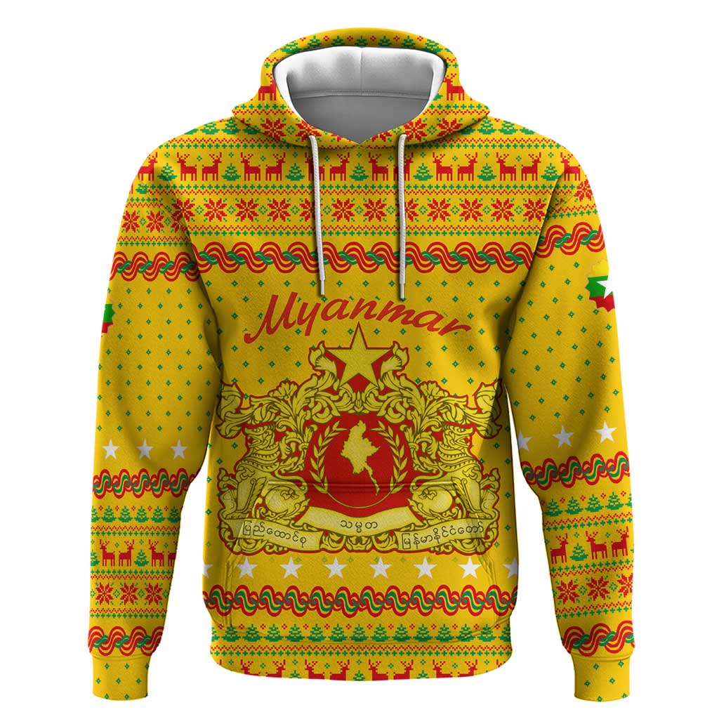 Myanmar Christmas Hoodie with Yellow-Red-Green Theme, National Emblem, and Star Motif - Wonder Print Shop