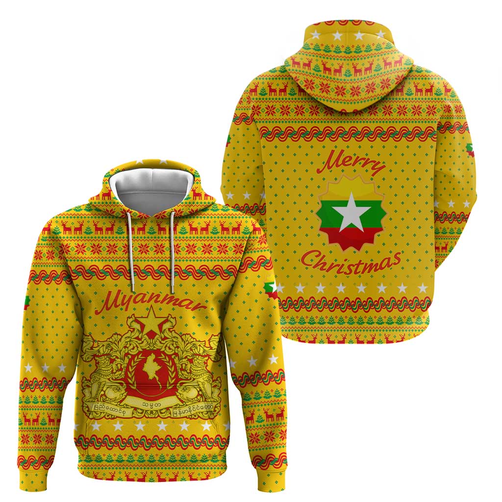 Myanmar Christmas Hoodie with Yellow-Red-Green Theme, National Emblem, and Star Motif - Wonder Print Shop