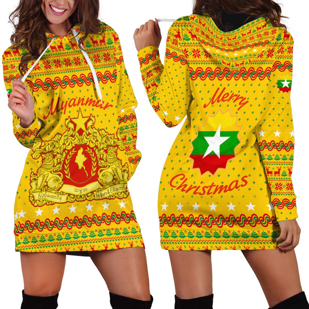 Myanmar Christmas Hoodie Dress with Yellow-Red-Green Theme, National Emblem, and Star Motif - Wonder Print Shop