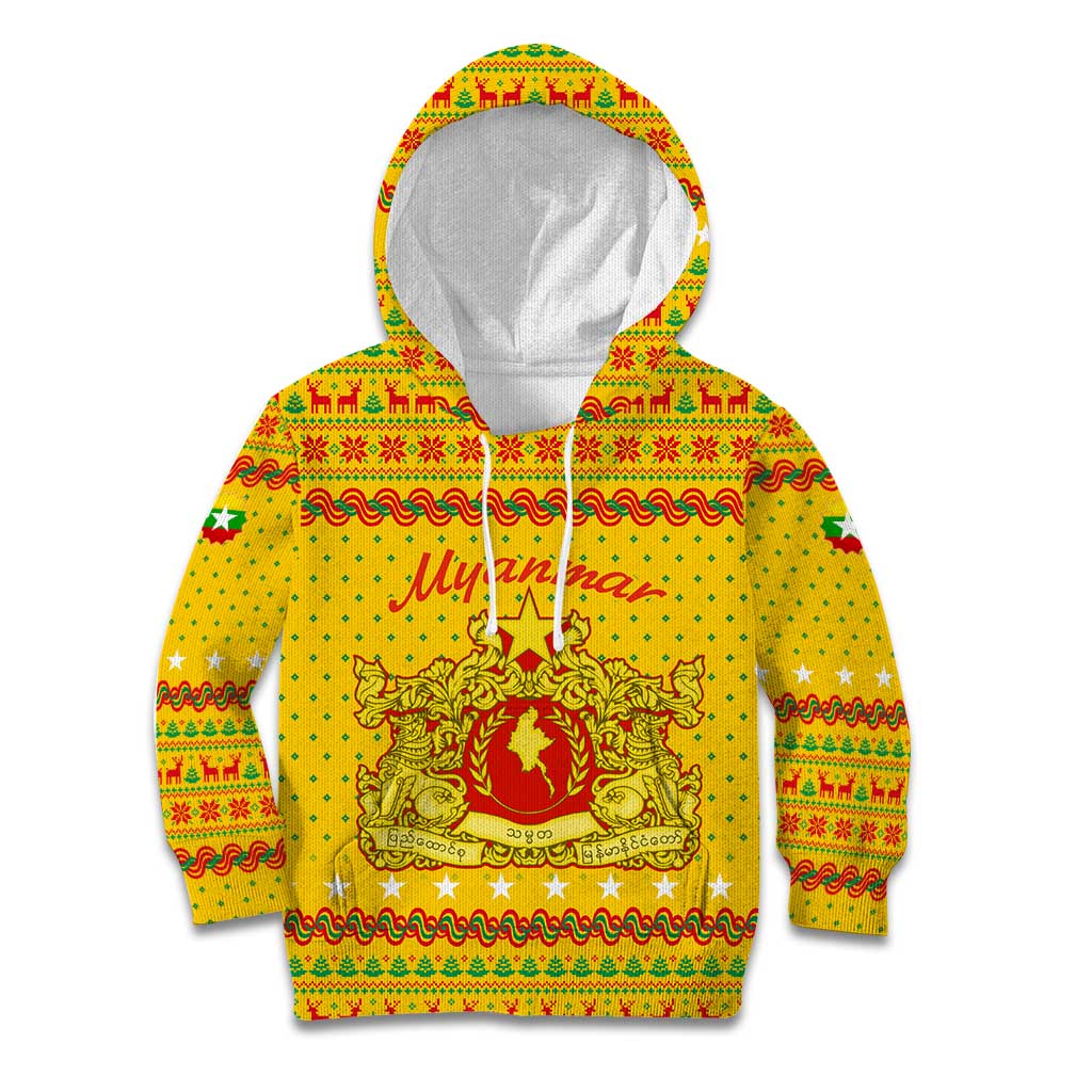 Myanmar Christmas Kid Hoodie with Yellow-Red-Green Theme, National Emblem, and Star Motif - Wonder Print Shop