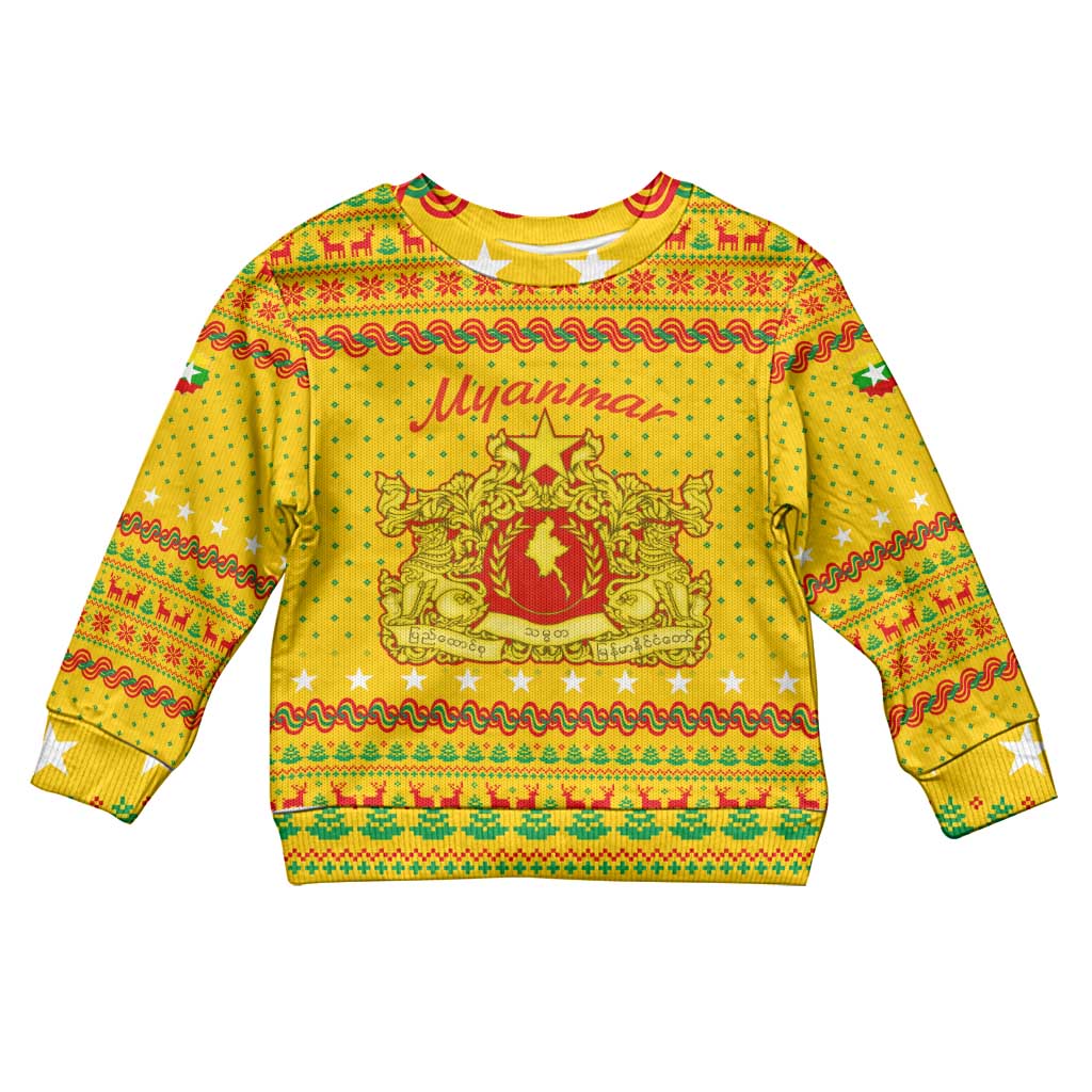 Myanmar Christmas Kid Ugly Christmas Sweater with Yellow-Red-Green Theme, National Emblem, and Star Motif - Wonder Print Shop