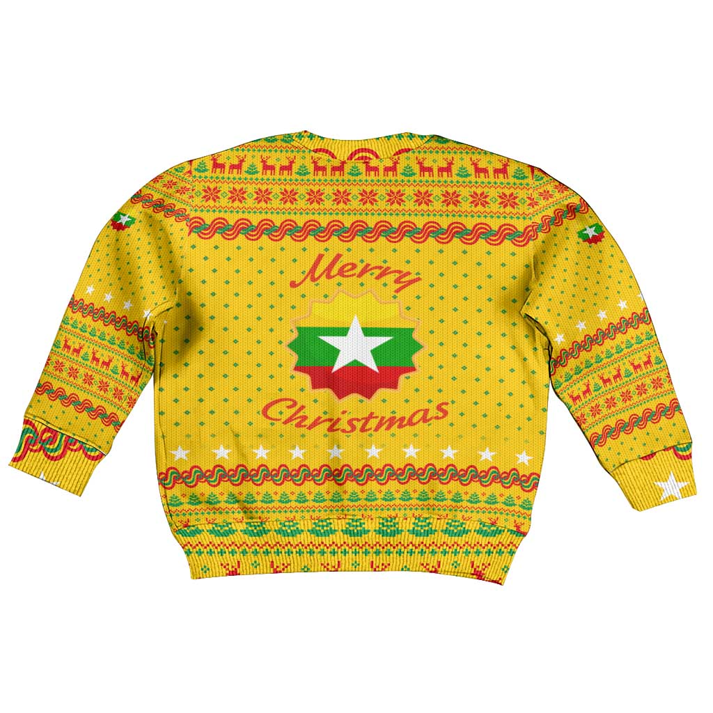 Myanmar Christmas Kid Ugly Christmas Sweater with Yellow-Red-Green Theme, National Emblem, and Star Motif - Wonder Print Shop