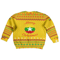 Myanmar Christmas Kid Ugly Christmas Sweater with Yellow-Red-Green Theme, National Emblem, and Star Motif - Wonder Print Shop