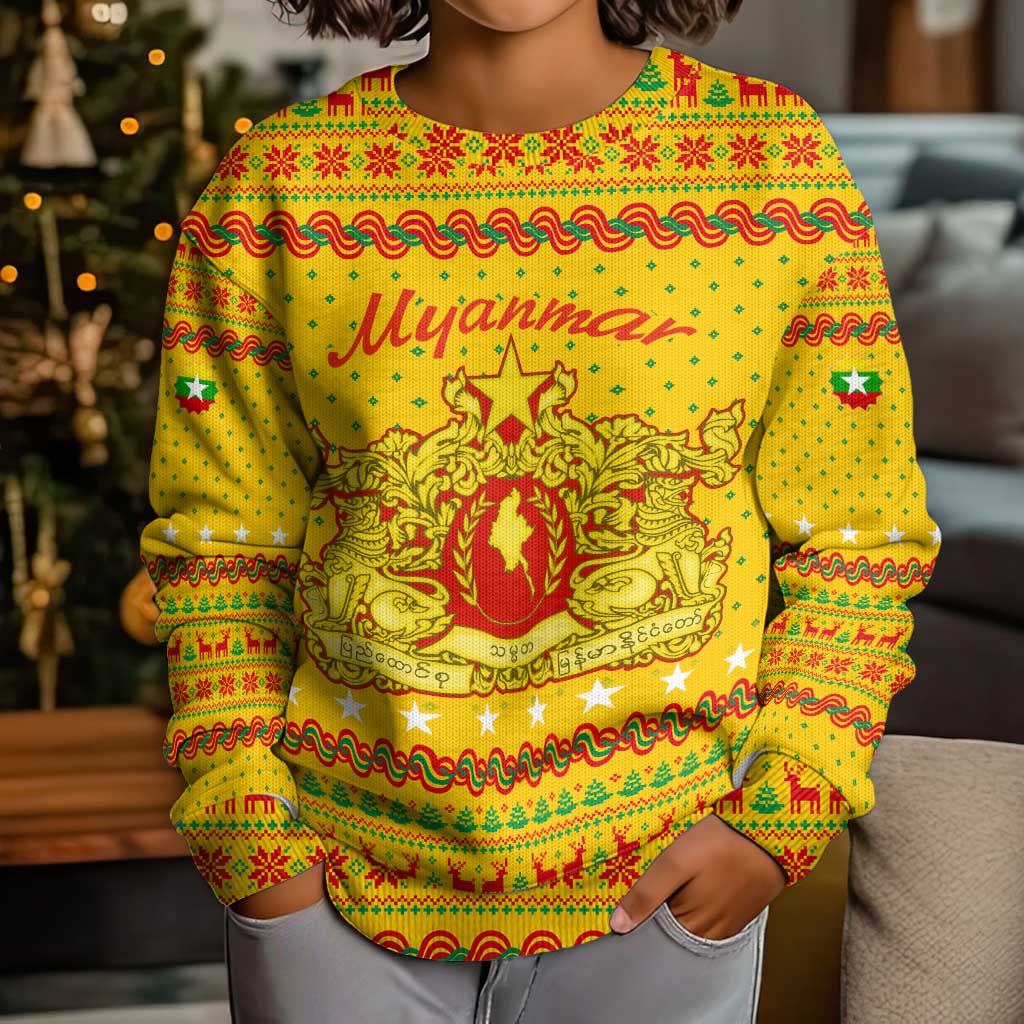 Myanmar Christmas Kid Ugly Christmas Sweater with Yellow-Red-Green Theme, National Emblem, and Star Motif - Wonder Print Shop
