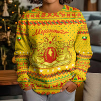 Myanmar Christmas Kid Ugly Christmas Sweater with Yellow-Red-Green Theme, National Emblem, and Star Motif - Wonder Print Shop