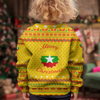 Myanmar Christmas Kid Ugly Christmas Sweater with Yellow-Red-Green Theme, National Emblem, and Star Motif - Wonder Print Shop