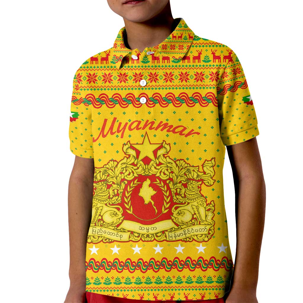 Myanmar Christmas Kid Polo Shirt with Yellow-Red-Green Theme, National Emblem, and Star Motif - Wonder Print Shop