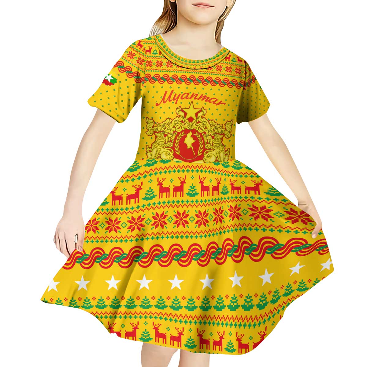Myanmar Christmas Kid Short Sleeve Dress with Yellow-Red-Green Theme, National Emblem, and Star Motif - Wonder Print Shop