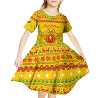 Myanmar Christmas Kid Short Sleeve Dress with Yellow-Red-Green Theme, National Emblem, and Star Motif - Wonder Print Shop
