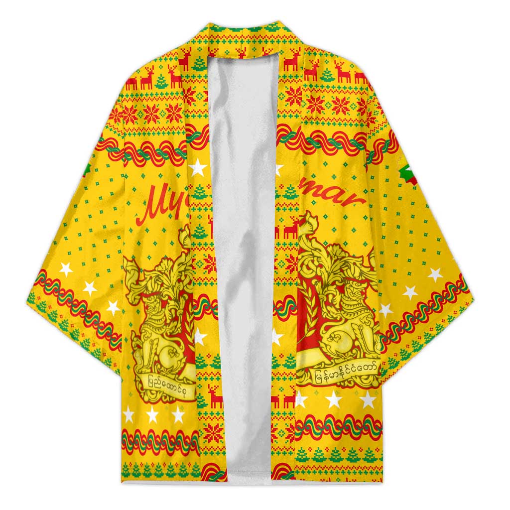 Myanmar Christmas Kimono with Yellow-Red-Green Theme, National Emblem, and Star Motif - Wonder Print Shop