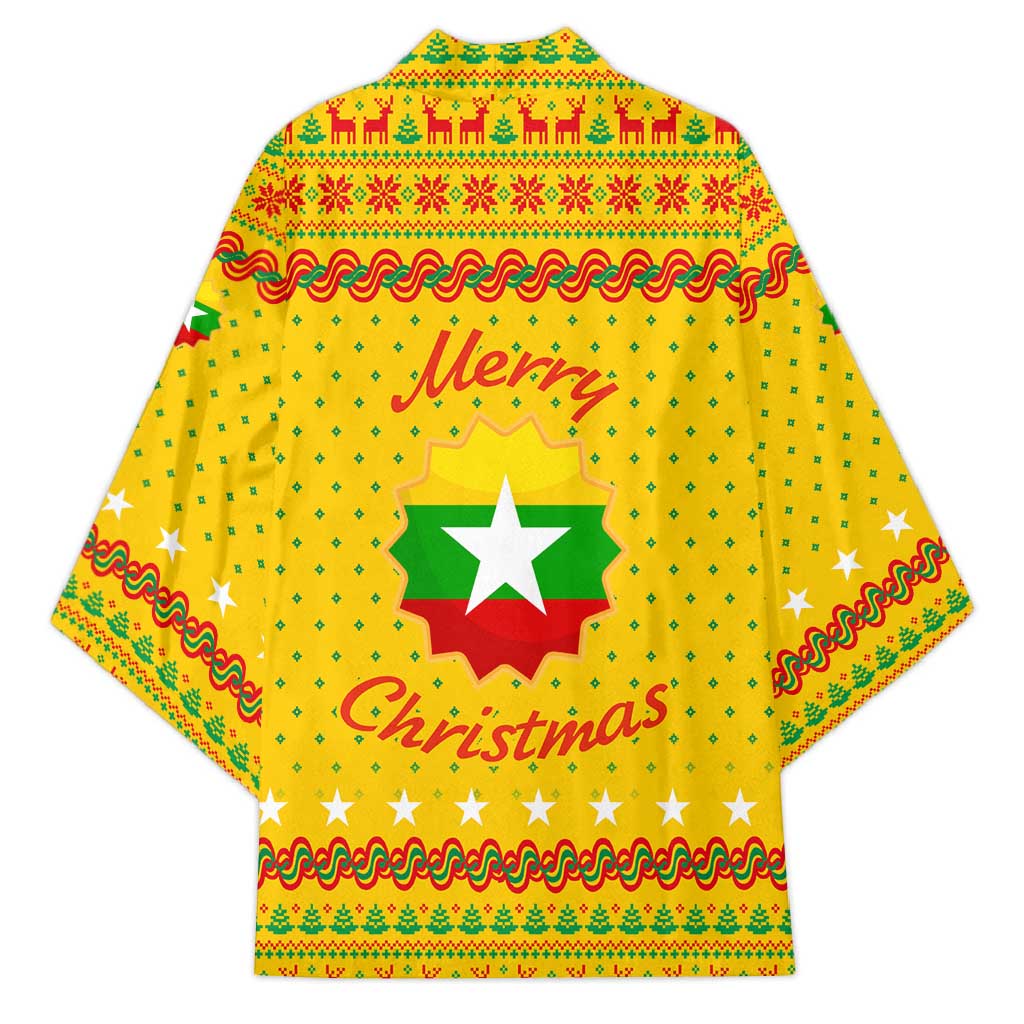 Myanmar Christmas Kimono with Yellow-Red-Green Theme, National Emblem, and Star Motif - Wonder Print Shop