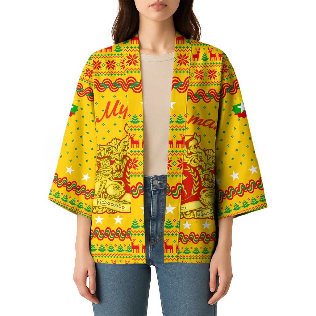 Myanmar Christmas Kimono with Yellow-Red-Green Theme, National Emblem, and Star Motif - Wonder Print Shop