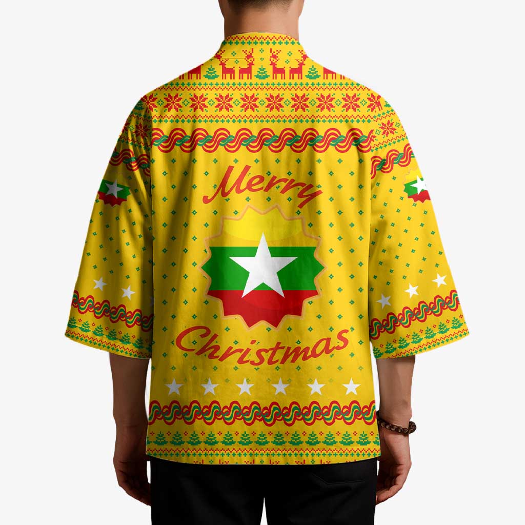 Myanmar Christmas Kimono with Yellow-Red-Green Theme, National Emblem, and Star Motif - Wonder Print Shop