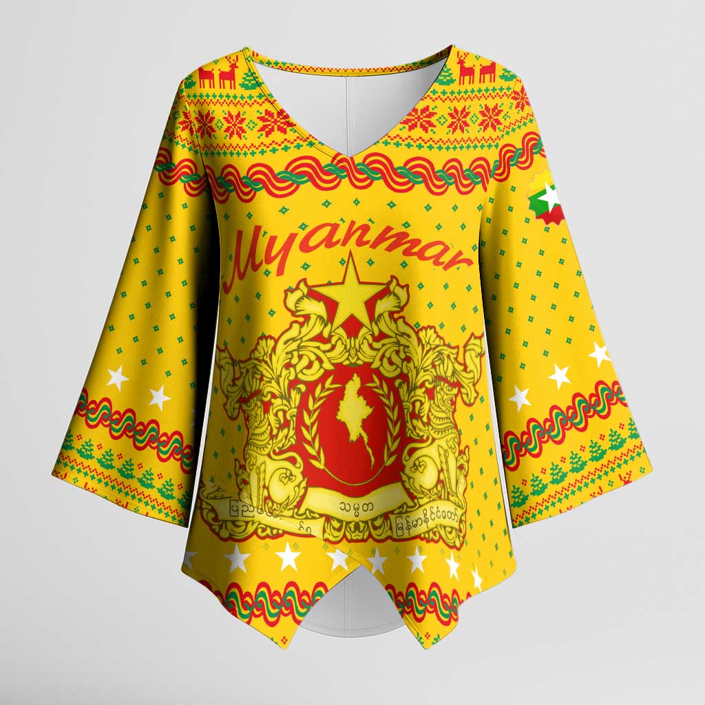 Myanmar Christmas Kimono Sleeve Blouse with Yellow-Red-Green Theme, National Emblem, and Star Motif - Wonder Print Shop