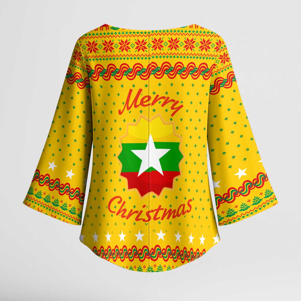 Myanmar Christmas Kimono Sleeve Blouse with Yellow-Red-Green Theme, National Emblem, and Star Motif - Wonder Print Shop