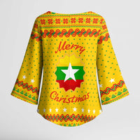 Myanmar Christmas Kimono Sleeve Blouse with Yellow-Red-Green Theme, National Emblem, and Star Motif - Wonder Print Shop