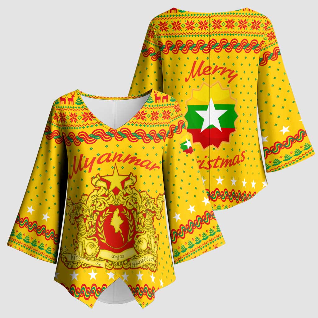 Myanmar Christmas Kimono Sleeve Blouse with Yellow-Red-Green Theme, National Emblem, and Star Motif - Wonder Print Shop
