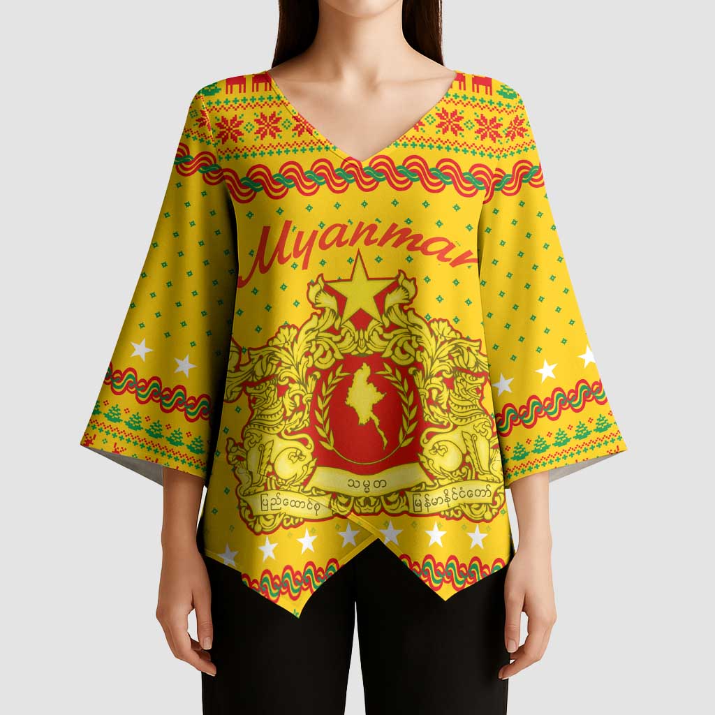 Myanmar Christmas Kimono Sleeve Blouse with Yellow-Red-Green Theme, National Emblem, and Star Motif - Wonder Print Shop