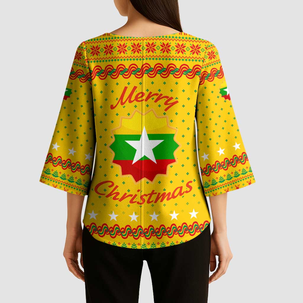 Myanmar Christmas Kimono Sleeve Blouse with Yellow-Red-Green Theme, National Emblem, and Star Motif - Wonder Print Shop