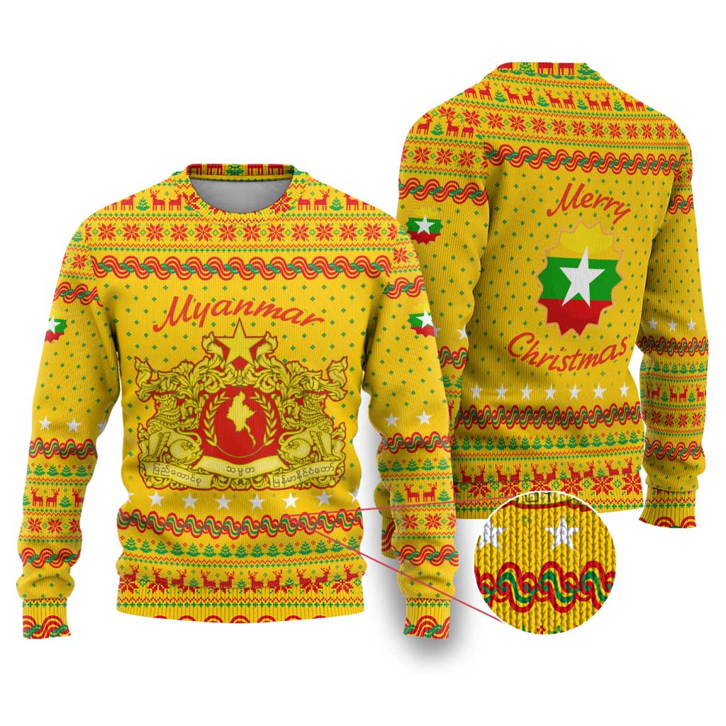 Myanmar Christmas Ugly Christmas Sweater with Yellow-Red-Green Theme, National Emblem, and Star Motif - Wonder Print Shop