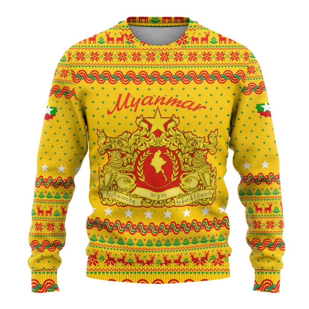 Myanmar Christmas Ugly Christmas Sweater with Yellow-Red-Green Theme, National Emblem, and Star Motif - Wonder Print Shop