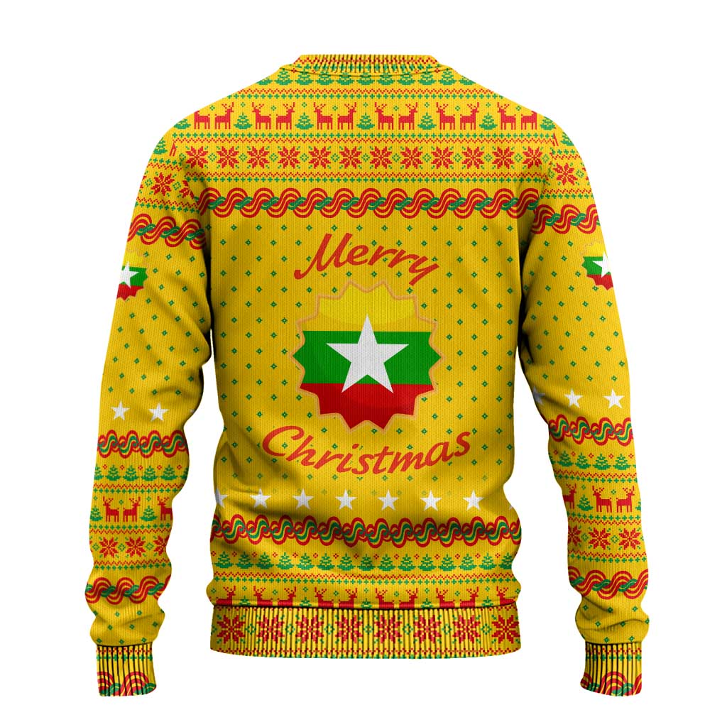 Myanmar Christmas Ugly Christmas Sweater with Yellow-Red-Green Theme, National Emblem, and Star Motif - Wonder Print Shop