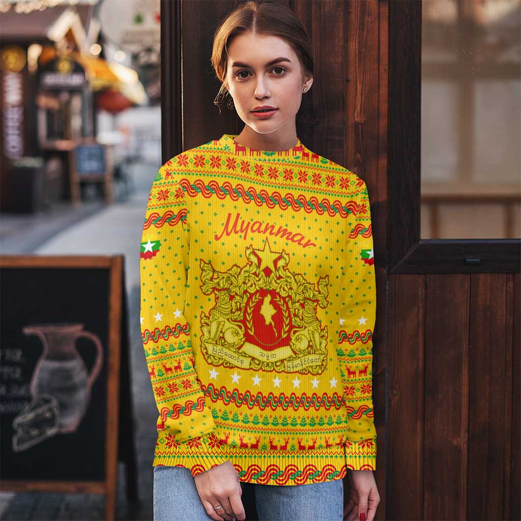 Myanmar Christmas Ugly Christmas Sweater with Yellow-Red-Green Theme, National Emblem, and Star Motif - Wonder Print Shop